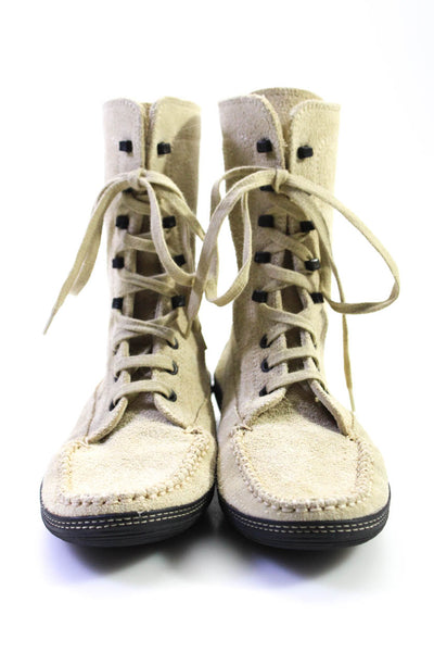 Tods Womens Beige Suede Lace Up High Top Combat Boots Shoes Size 8
