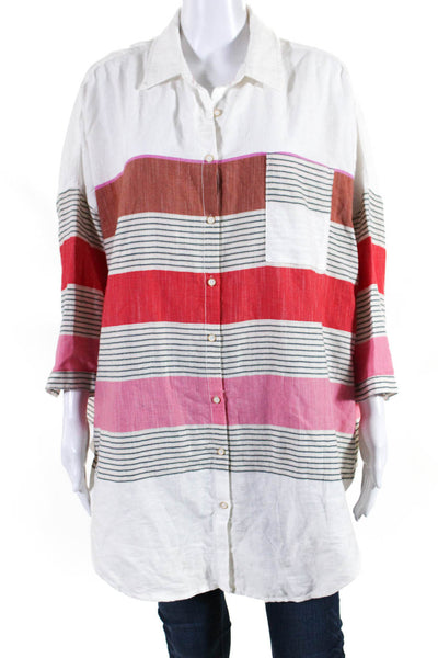 Holding Horses Womens Button Front Collared Striped Shirt White Multi Size M/L