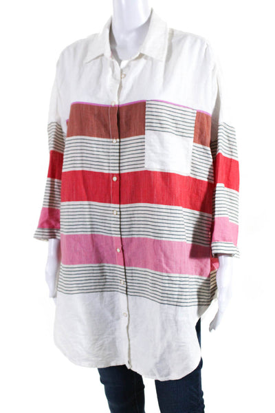 Holding Horses Womens Button Front Collared Striped Shirt White Multi Size M/L