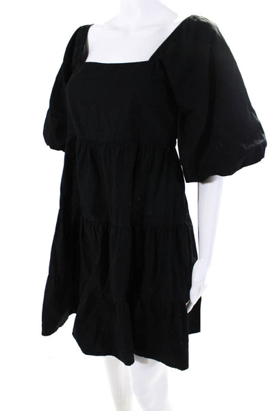 Faithfull The Brand Womens Cotton Puff Sleeve Tiered Belted Dress Black Size 6