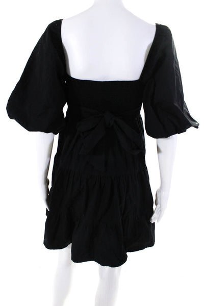 Faithfull The Brand Womens Cotton Puff Sleeve Tiered Belted Dress Black Size 6