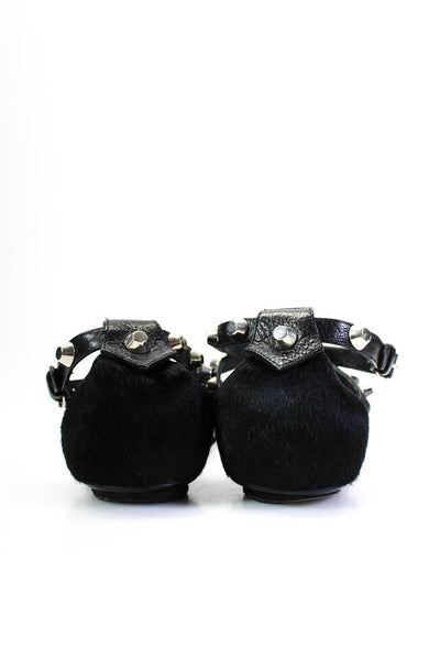 Balenciaga Paris Womens Pony Hair Studded Ankle Buckled Sandals Black Size EUR37