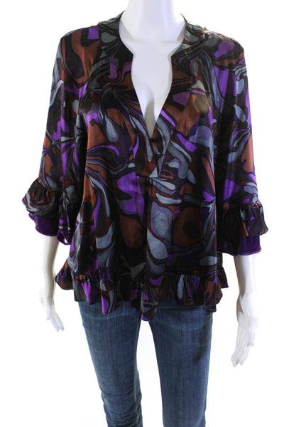 Nanette Lepore Womens Abstract Satin Y Neck Top Blouse Purple Brown Medium