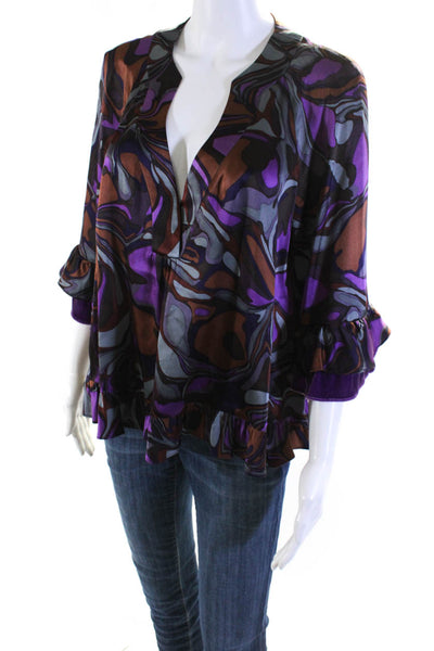 Nanette Lepore Womens Abstract Satin Y Neck Top Blouse Purple Brown Medium