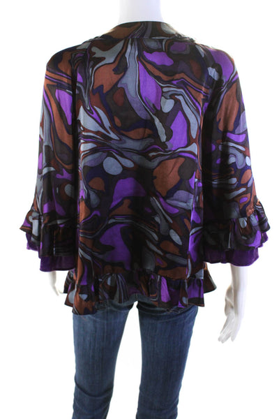 Nanette Lepore Womens Abstract Satin Y Neck Top Blouse Purple Brown Medium