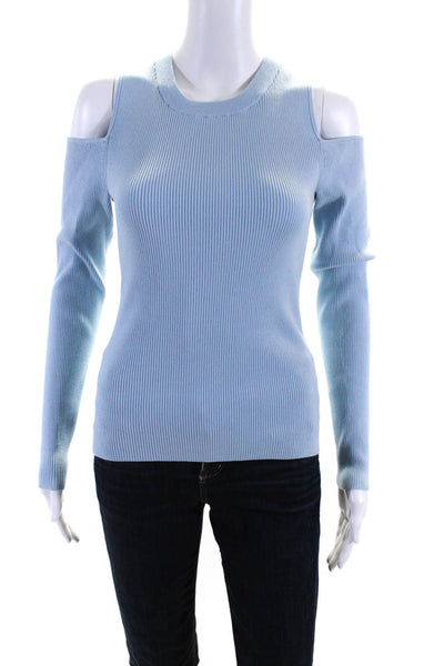 Intermix Womens Off Shoulder Ribbed Knit Crew Neck Sweater Light Blue Medium
