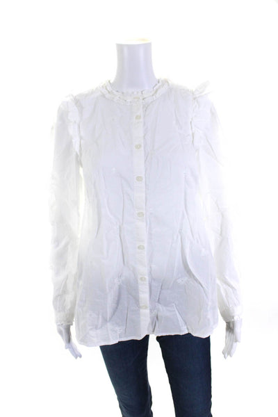 Joules Womens Embroidered Ruffle Long Sleeve Button Up Top Blouse White Size 8