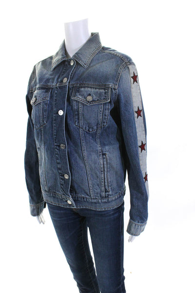 Belstaff Womens Embroidered Star Sleeve Denim Button Up Jacket Blue Size IT 44