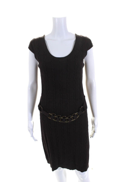 Milly Womens Cable Knit Cap Sleeve Belted Scoop Neck Sweater Dress Brown Small