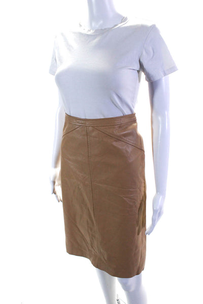Theory Womens Leather Knee Length Pencil Skirt Beige Size 2