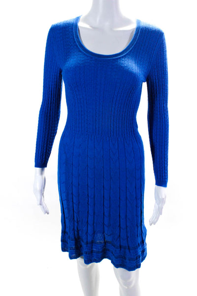 Missoni Women's Scoop Neck Long Sleeve Fit Flare Bodycon Midi Dress Blue Size M