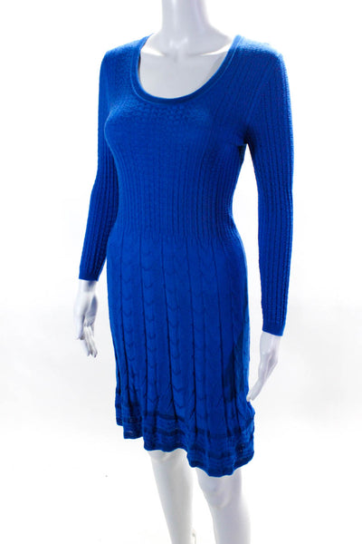 Missoni Women's Scoop Neck Long Sleeve Fit Flare Bodycon Midi Dress Blue Size M