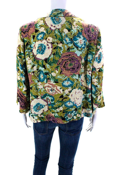 Citron Women's Long Sleeves Round Neck Button Down Floral Silk Blouse Size XS