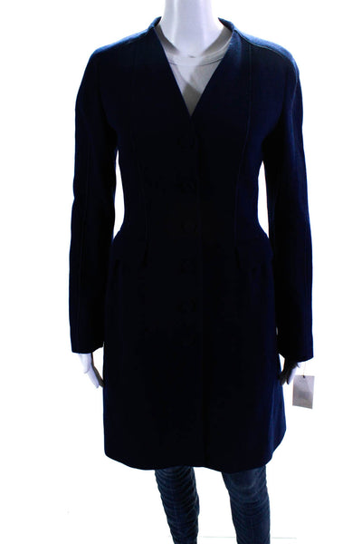 Lafayette 148 New York Women's Round Neck Button Up Long Coat Navy Blue Size 2