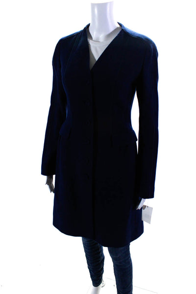 Lafayette 148 New York Women's Round Neck Button Up Long Coat Navy Blue Size 2