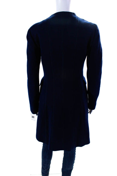 Lafayette 148 New York Women's Round Neck Button Up Long Coat Navy Blue Size 2