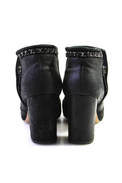 Chanel Womens Side Zip Block Heel Chainlink Trim Booties Black Leather Size 38.5
