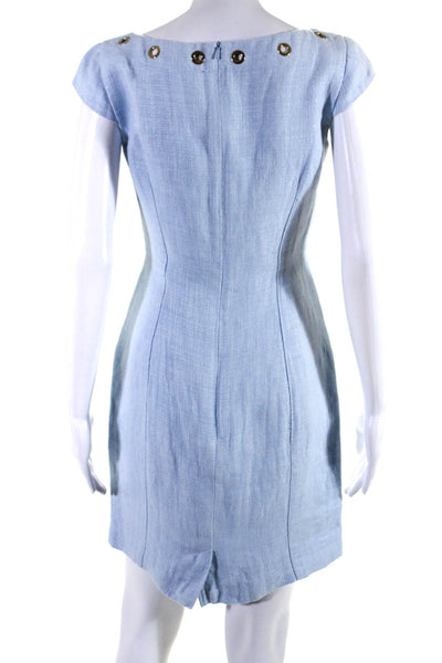 Max Mara Women's Linen Grommet Trim Scoop Neck Sheath Dress Blue Size 2