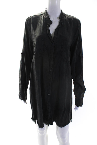 Bella Dahl Womens Button Front V Neck Fringe Shirt Dress Gray Size Large