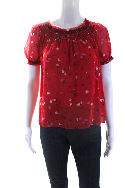 Joie Women's Boat Neck Short Sleeves Smocked Red Floral Blouse Size XS