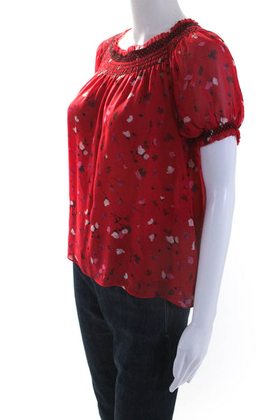 Joie Women's Boat Neck Short Sleeves Smocked Red Floral Blouse Size XS