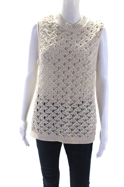 Theory Womens Open Knit Sleeveless Round Neck Sweater Vest Top Beige Size M