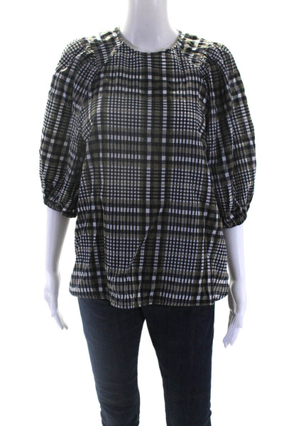 Ganni Womens Plaid Round Neck 3/4 Puff Sleeved Blouse Green Black White Size 40