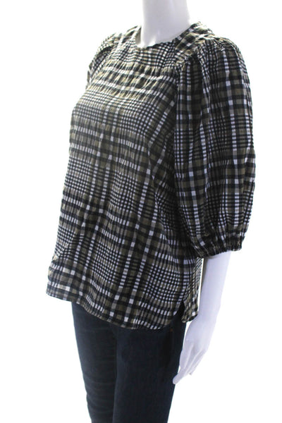 Ganni Womens Plaid Round Neck 3/4 Puff Sleeved Blouse Green Black White Size 40