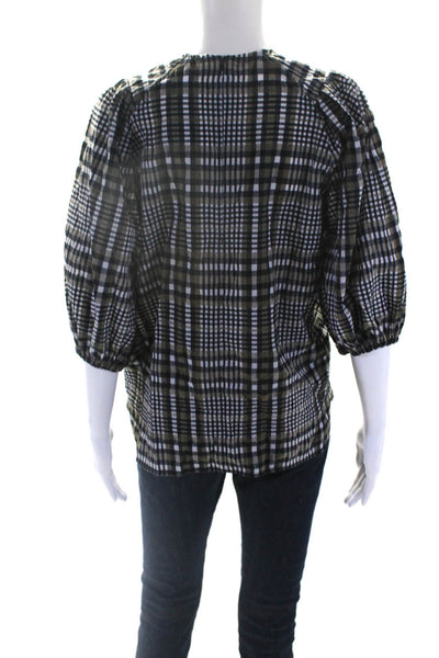 Ganni Womens Plaid Round Neck 3/4 Puff Sleeved Blouse Green Black White Size 40