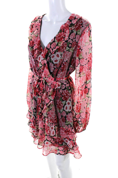 Bardot Womens Chiffon Floral Print Ruffled Hem V-Neck A-Line Dress Red Size L