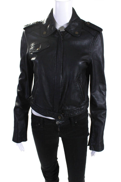 Current/Elliott Womens Leather The Zip Motorcycle Jacket Black Size 2
