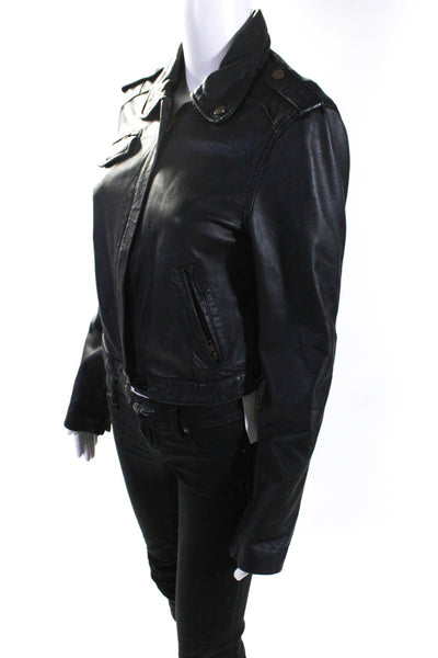 Current/Elliott Womens Leather The Zip Motorcycle Jacket Black Size 2
