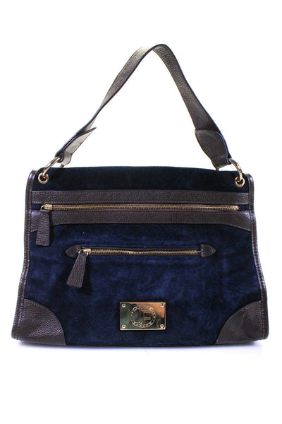 Jack French London Womens Single Handle Double Pocket Front Handbag Navy Brown