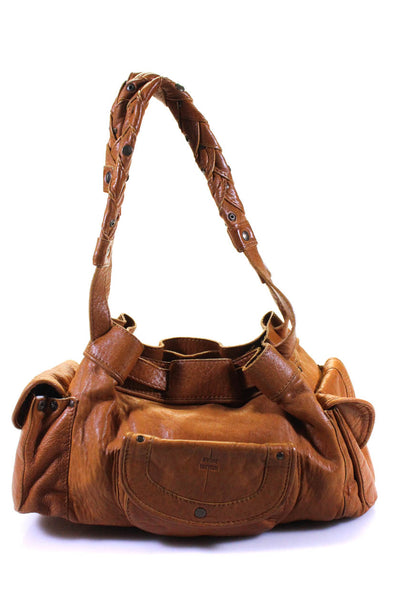 Jerome Dreyfuss Womens Double Braided Handle Pocket Front Handbag Brown Leather