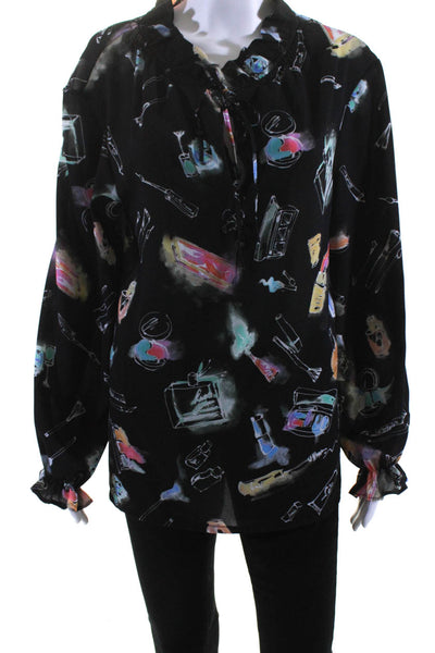 Ljve Womens Long Sleeve Makeup Printed Keyhole Shirt Black Size Large