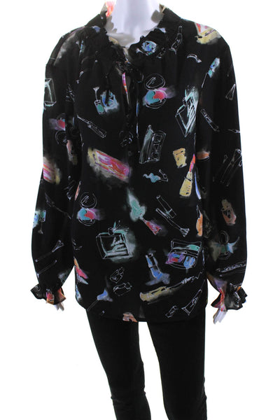 Ljve Womens Long Sleeve Makeup Printed Keyhole Shirt Black Size Large