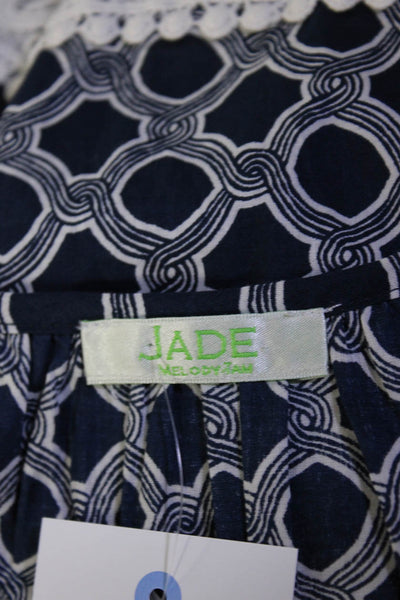 Jade Melody Tam Womens 3/4 Sleeve Lace Trim Printed Top Blue White Size Medium