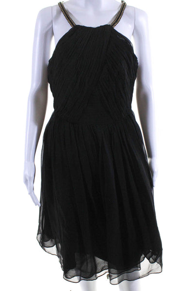 Shoshanna Midnight Womens Pleated Sleeveless A Line Dress Black Gold Tone Size 4