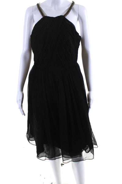 Shoshanna Midnight Womens Pleated Sleeveless A Line Dress Black Gold Tone Size 4