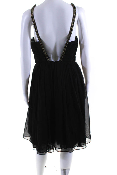 Shoshanna Midnight Womens Pleated Sleeveless A Line Dress Black Gold Tone Size 4