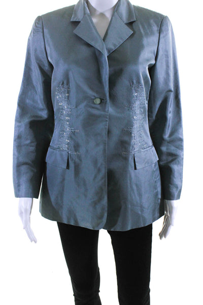 Magaschoni Womens Teal Silk Sequins Three Button Long Sleeve Blazer Size 8
