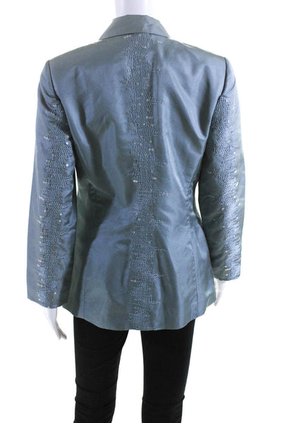 Magaschoni Womens Teal Silk Sequins Three Button Long Sleeve Blazer Size 8