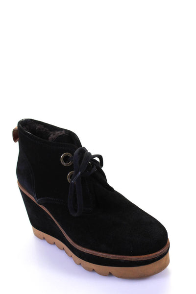 See by Chloe Women's Round Toe Lace Up Suede Wedge Bootie Black Size 8