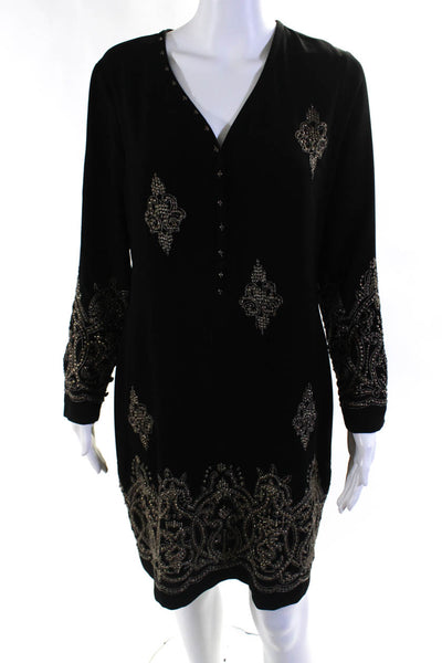 Yoana Baraschi Blue Womens Embroidered Sequin V Neck Sheath Dress Black Size 12