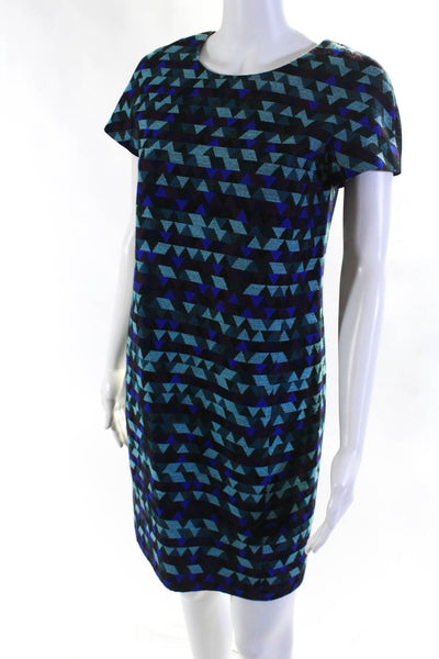 J Crew Collection Womens Geometric Short Sleeve Sheath Dress Blue Purple Size 2