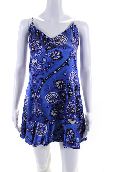 Caroline Constas Womens Mandala Satin Ruffle Hem V Neck Slip Dress Blue Small