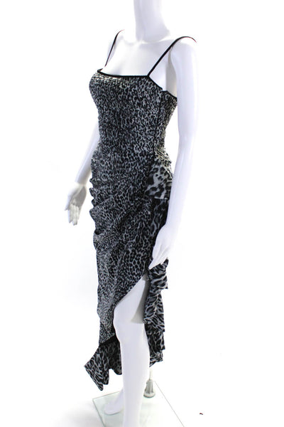 Rasario Womens Animal Print Ruffled Asymmetrical Hem Gown Gray Size EUR38