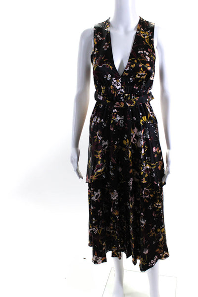A.L.C. Womens Silk Floral Print Cut-Out Sleeveless Belt Maxi Dress Black Size 0