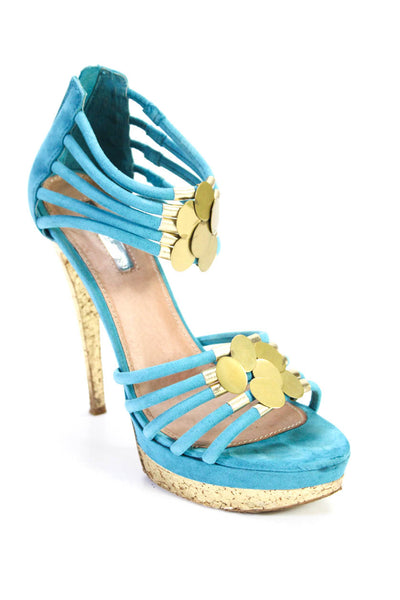 H By Halston Women's Suede Peep Toe Platform Strappy Heels Blue Size 8.5