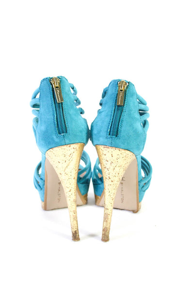 H By Halston Women's Suede Peep Toe Platform Strappy Heels Blue Size 8.5